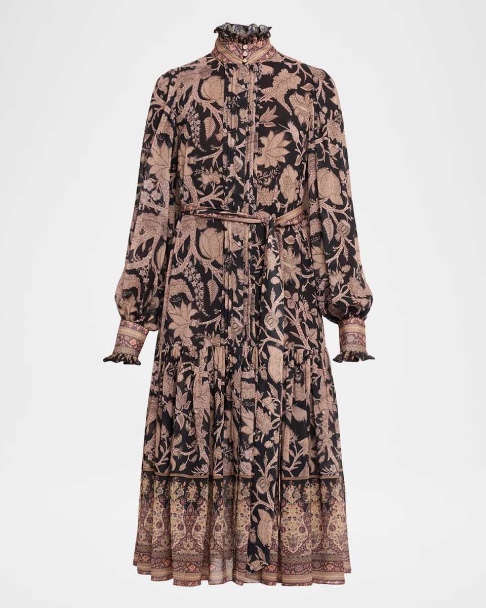 Moses Pintuck Floral-Print Midi Dress